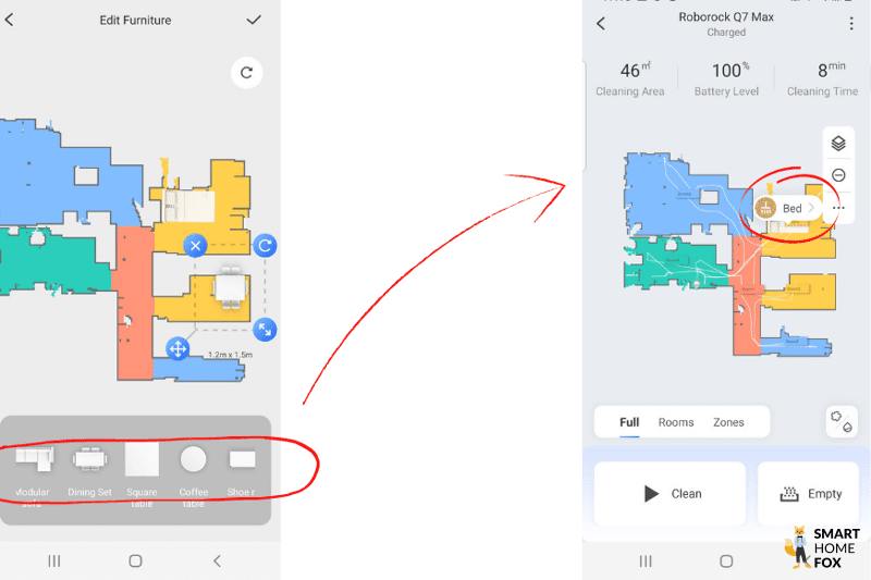Ein Bett wird in der Roborock Q7 Max Karte platziert.